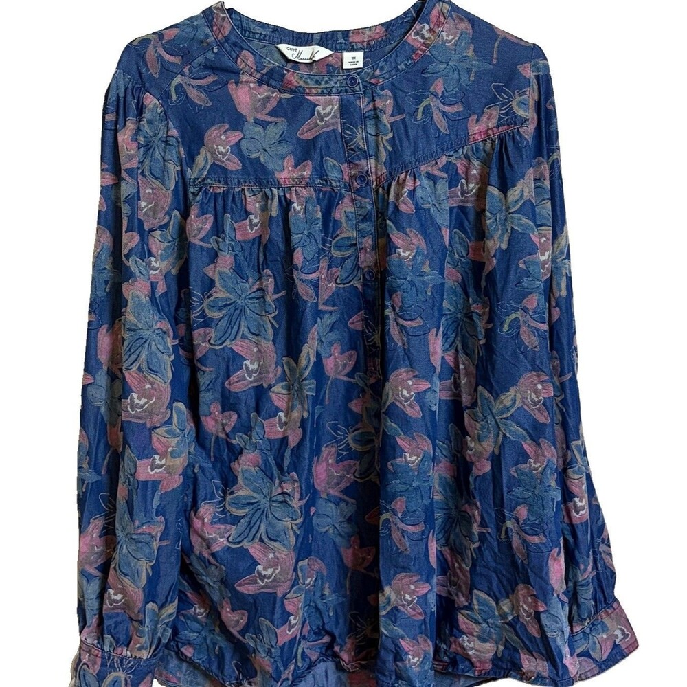 Caffe Marazzi Women's 1X Floral Button Front Tunic Top Long Sleeve Blue